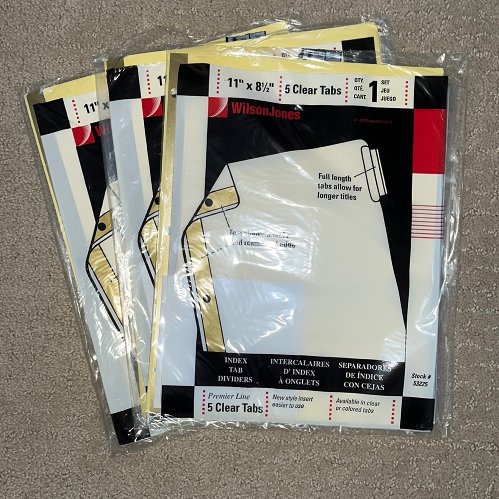 3 NEW WITH TAGS WilsonJones Premier Line Index Tab Dividers with Tear Proof edge
